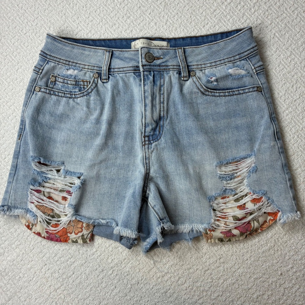 EST 1946 Denim Womens Sz 8 Hi-Rise Floral Distressed Jean Shorts Festival Hippie